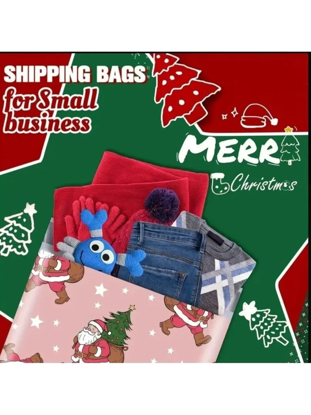 Ten Pink Santa Claus Christmas Sack 12x15.5 Poly Mailers